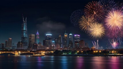 Night Festival Fireworks Above Downtown Buildings