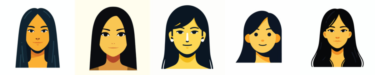 Vector Avatar of a woman's face with long black straight hair, yellow skin, slightly smiling expression