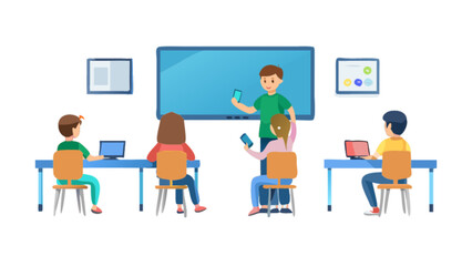 Classroom learning environment vector illustration featuring students and teacher using technology for education