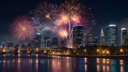 Riverfront Cityscape with Reflections and Fireworks