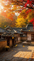 Fototapeta premium Golden Autumn Sunlight Illuminates Traditional Korean Village Streets