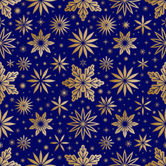 Geometry snowflake ornate new year seamless pattern. Winter design for christmas gift package, decorative textile, wrapping paper. Gold colored ornament on the dark blue wallpaper vector background