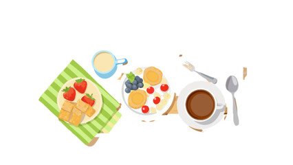 Delicious breakfast featuring pancakes, toast, fruit, coffee and milk for a perfect morning meal start