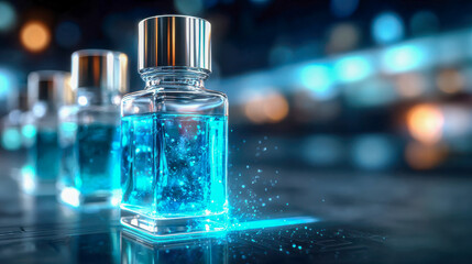 Photorealistic dropper bottles filled with glowing blue liquid on reflective surface, illuminated by bokeh lights