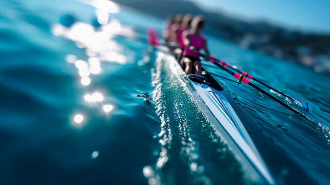 Team of women rowing in blue water under sunlight, creating ripples and reflections