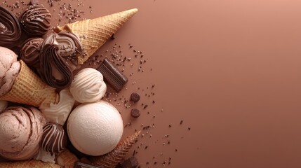 An artistic arrangement of chocolate ice cream cones and truffles on a smooth background, highlighting the delicious textures and colors of this sweet treat