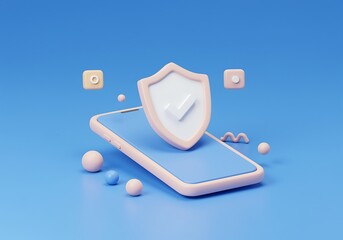 Smartphone Security and Data Protection Concept with Shield and Check Mark Illustration of Mobile Device Security and Privacy on a Clean Blue Background