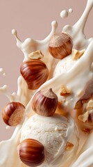 Scoops of hazelnut ice cream are artistically splashed with creamy sauce and surrounded by whole hazelnuts, showcasing a delightful dessert scene