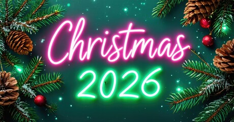 Bright Christmas graphic features neon text, pine branches, cones, berries. Festive design suggests holiday season, year 2026.