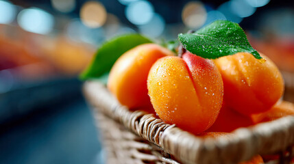 Ripe apricots with green leaves in a rustic wicker basket