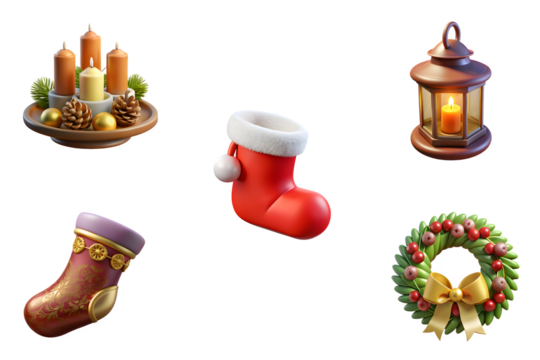 Collection of festive christmas decorations including an advent wreath red stocking brown stocking and a glowing lantern isolated on transparent background