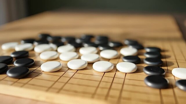 Strategic Go Game Unfolds on a Classic Board with Black and White Stones Scattered
