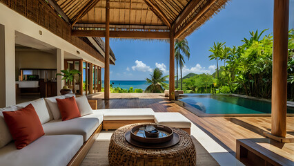 swimming pool in hotel, Villa Interior Tropical villa with open-air living space, bamboo furniture, and private pool view