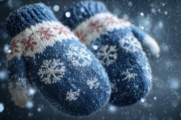 Knitted blue mittens with snowflake patterns. Soft fabric texture. Snowflakes falling in the background, creating a winter atmosphere.