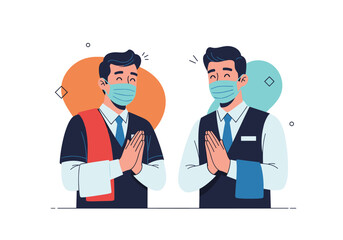 Two men in suits wearing face masks greeting with folded hands.