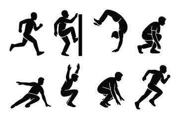 Silhouette illustrations of male athletes practicing various parkour moves