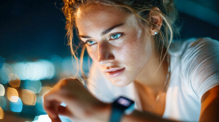 Close-up of a sweaty woman in sportswear checking her smartwatch after an intense workout