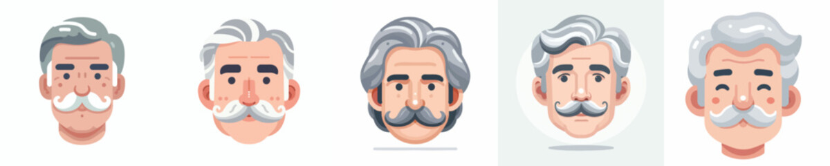 Vector Avatar of an old man's face with gray hair and a thick mustache, light skin, a wise expression