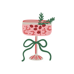 Colorful hand drawn illustration of pink holiday cocktail in decorative glass with berries, herbs, and bow. Christmas and New Year celebration. Vector design for greeting card, invitation, sticker