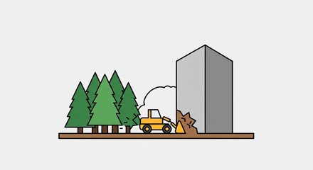 Yellow excavator digs near modern building beside green trees for construction or development