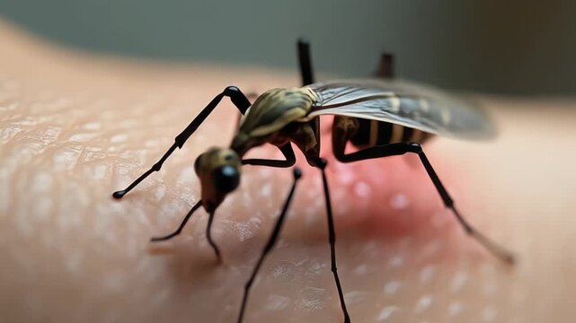 Close up of a mosquito biting human skin causing redness and irritation reaction