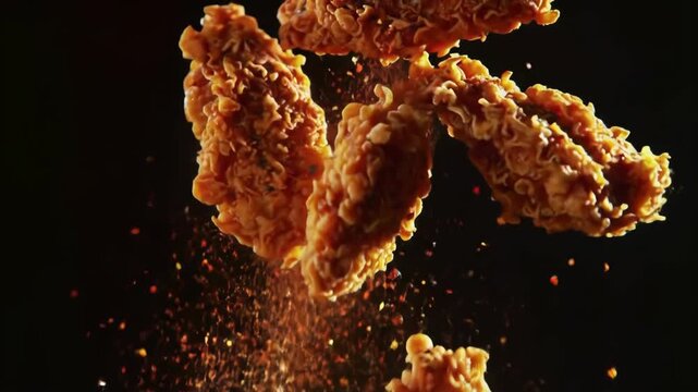 Spicy fried chicken nuggets falling, black background, food ad