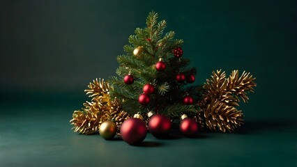 Elegant Holiday Still Life — Small Tree, Baubles and Pine Cones