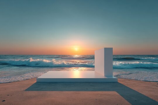 Nature and Outdoor empty Podium on a sandy beach at sunset ocean waves behind golden hour glow serene and inviting