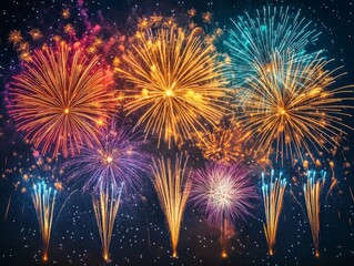 Colorful fireworks illuminating night sky for celebration, symbolizing joy during New Year's Eve and summer festive events.