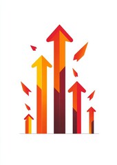 Upward pointing arrows with rising graph in red and orange vector illustration, simple shapes on white background depicting growth and success.