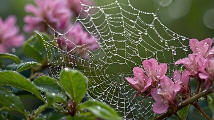 Dew-covered spider web glistening among blooming pink flowers in a serene garden setting