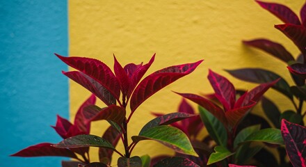 Red Leaf Plant Against Colorful Wall