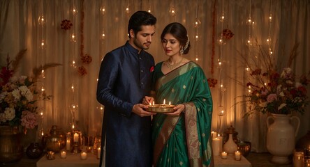 Traditional Indian couple with diya tray, warm candlelight ambience. Generative AI