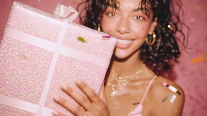 Woman joyfully holds shiny pink gift while confetti falls around her. Vibrant celebration setting with bright pink backdrop creates a party vibe. Concept of event planning, gift shops, party supplies