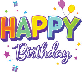 Happy Birthday Vector &ndash; Colorful Typography with Balloons, Confetti, Stars, and Gift Boxes in Festive Celebration Design