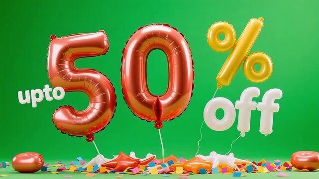Celebratory balloons announce a special discount of fifty percent off, creating an exciting offer on a green screen background