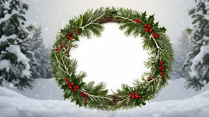 Snowy Evergreen Garland in Oval Shape, Copy Space