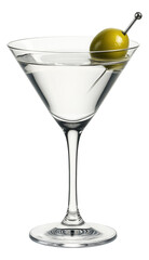 Elegant martini glass holding a clear, stirred cocktail with a single olive speared on a cocktail pick.