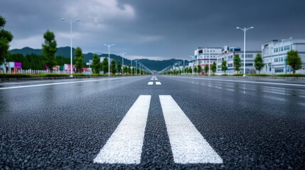 Road with White Markings Under Cloudy Sky Leading to Distant Mountains and Modern Building with Green Trees