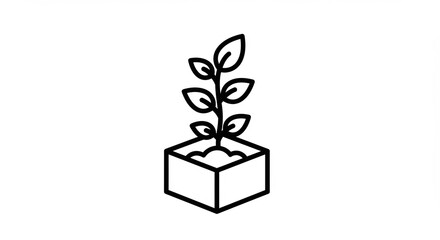 Simple seedling sprouts from soil in a minimalist cube planter icon