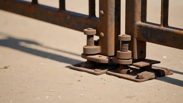 Close-up of a corroded metal gate's base with rusty bolts and a weathered texture