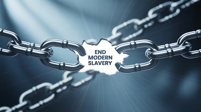A broken chain with the text 'END MODERN SLAVERY' emerging from the gap, symbolizing liberation and anti-slavery efforts.