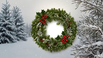 Christmas Wreath Frame with Snowy Background