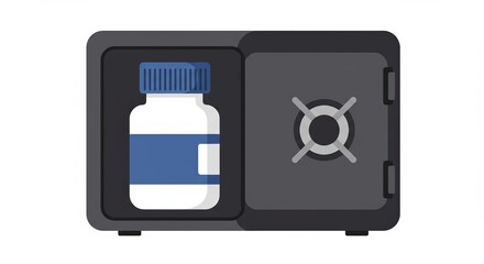 Securely stored medicine bottle in open safe, symbolizing health and safety