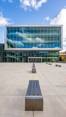 Obraz premium Modern glass building with cloud reflections on a sunny day, ideal for architectural design, corporate advertising, or urban planning