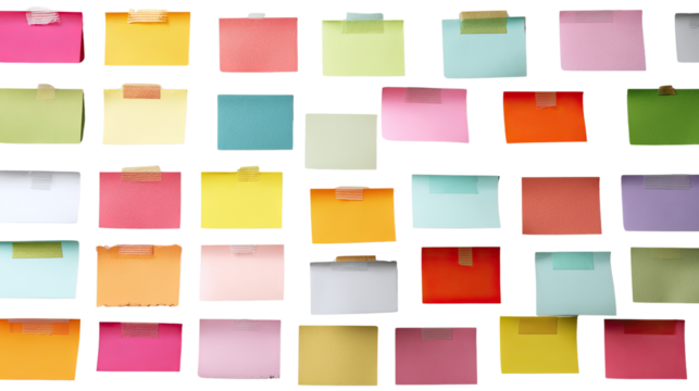 Multicolored Adhesive Sticky Notes Affixed with Clear Tape for Office Organization, Creative Planning, School and Business Reminders on white background