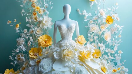 White paper wedding dress sculpture with delicate floral adornments in amber and turquoise, displayed on minimalist mannequin against solid background, highlighting intricate textile details.