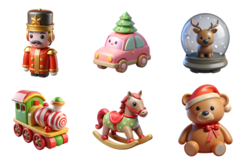 Collection of six festive christmas holiday decorative ornaments including a nutcracker car snow globe train rocking horse and teddy bear isolated on transparent background