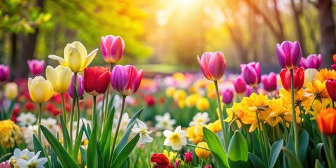 Colorful tulips and daffodils in a garden with soft focus background blur