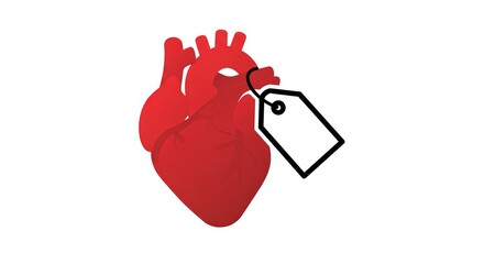 Red anatomical heart with a blank price tag attached, symbolizing value and healthcare